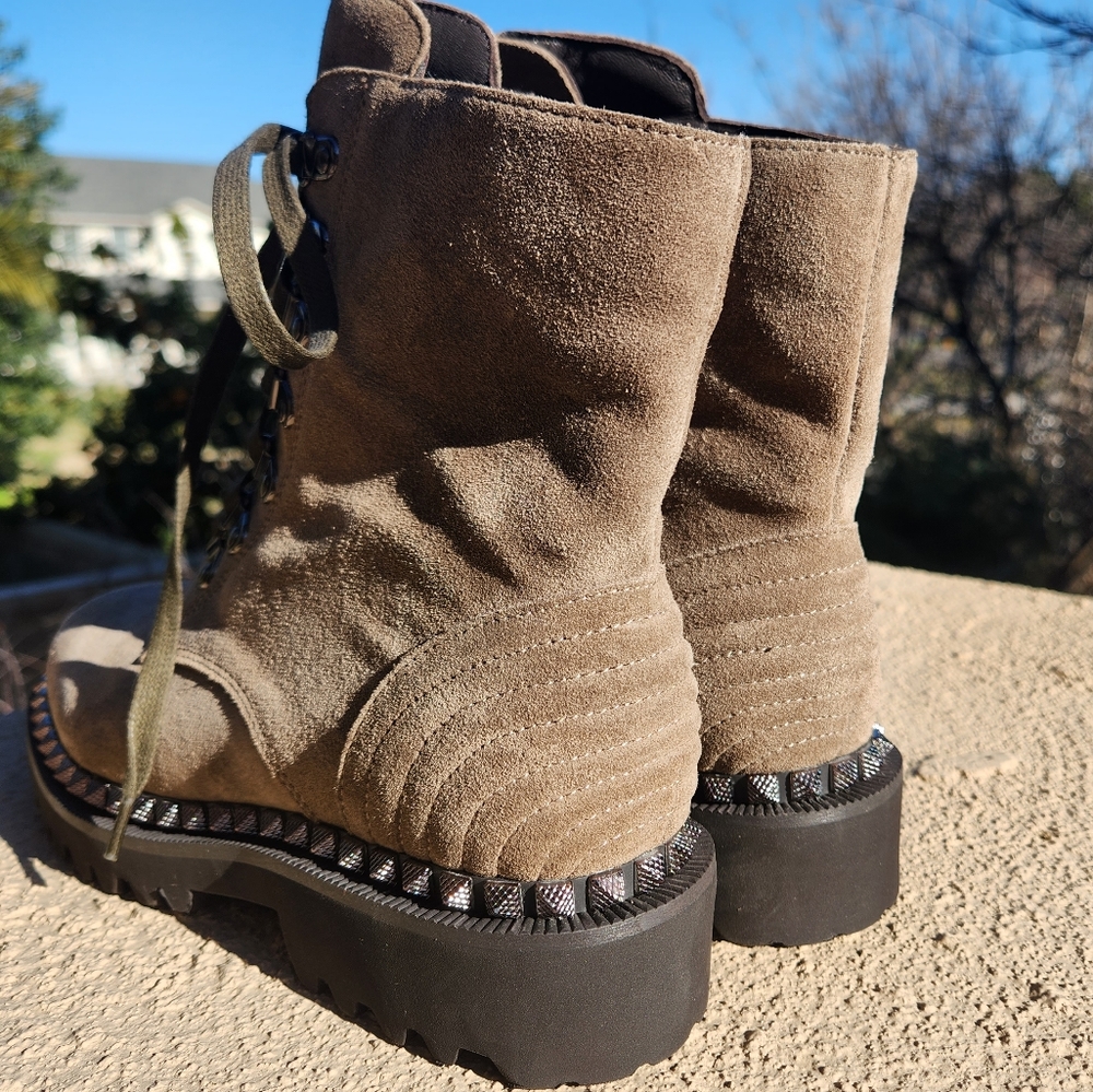 Vince Camuto Suede leather Taupe and olive green moto combat boots